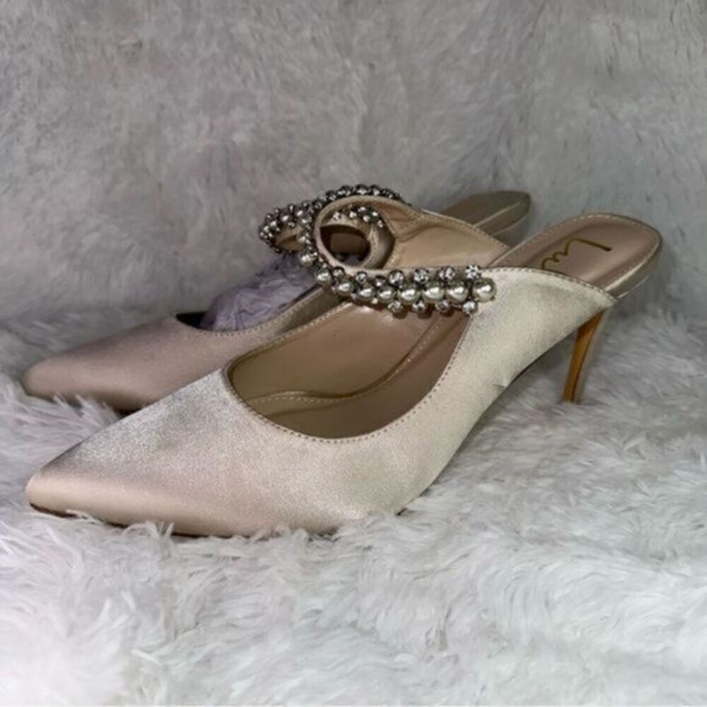 Lulus Dressy Pearl Jewel Open Back Heels - Light Gold, Women’s Size 10